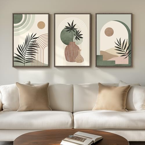 Framed Sage Green Boho Wall Art Bedroom, 3 Piece Neutral Bohemian Botanical Paintings Prints Canvas Artwork for Walls, Large Mid Century Modern Pictures for Living Room Kitchen Wall Decor, 16x24 Inch - color: Green Boho-Wood Framed, size: 16" W x 24" H x