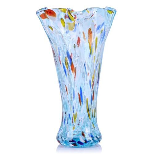 9.0" H Aqua Blue Glass Vases for Flower, Unique Hand Blown Glass Vase | Wide Mouth Colorful Flower Vase for Bouquet or Centerpieces, Coastal Vases for Living Room Table Bookshelf, Shelf Decorative - color: Aqua