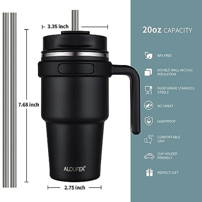 20 oz Insulated Travel Coffee Mug Tumbler with Handle and Straw | Leakproof Stainless Steel Coffee Cup with Lid, Double Wall Vacuum Ice Thermal Cup, Black, 2 Pack - color: Black, size: 2 Count (20 oz)