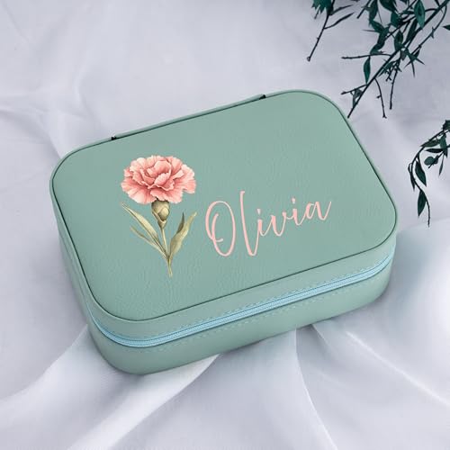 Custom Leather Jewelry Box with Name & Birth Flower Month, Birthday Gifts for Women, Personalized Jewelry Travel Case - Customized Jewelry Organizer Box, Mom Birthday Gifts, Pink - color: Pink
