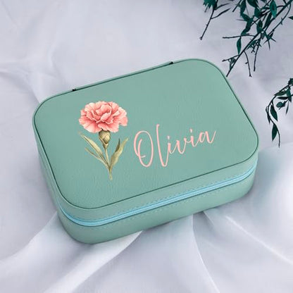 Custom Leather Jewelry Box with Name & Birth Flower Month, Birthday Gifts for Women, Personalized Jewelry Travel Case - Customized Jewelry Organizer Box, Mom Birthday Gifts, Lime - color: Lime