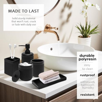 XLHOMO Matte Black Bathroom Sets with Shower Curtain and Rugs, 8-Piece Resin Bathroom Accessories Sets Complete, Soap Dispenser, Toothbrush Holder, Tumbler, Tray & Apothecary Jars Bathroom Essentials - color: Black, size: Resin Bath Set Complete