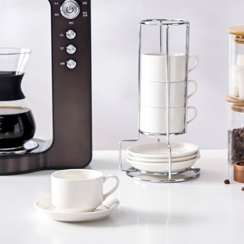 2.5oz Espresso Cups Set of 4, Small Stackable Coffee Cups with Saucers and Metal Stand, Ceramic Demitasse Cups, Cappuccino Cups for Coffee Drinks, Latte, White - color: White, size: 2.5oz