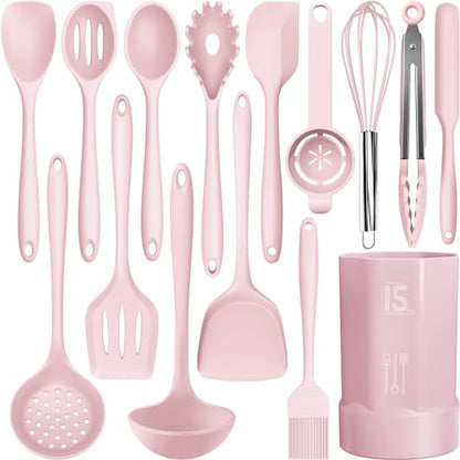 AOTHOD Silicone Cooking Utensils Set - 446°F Heat Resistant Kitchen Utensils, Spatula,Turner Tongs,Spoon,Whisk,Kitchen Utensil Gadgets Tools Set for Nonstick Cookware,Dishwasher Safe BPA Free(Pink) - color: Pink