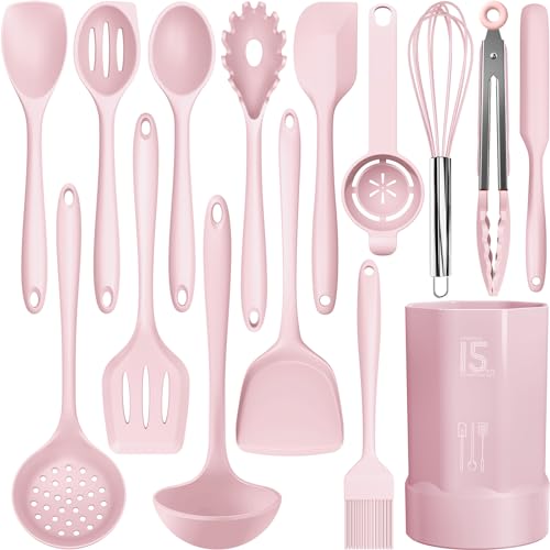 AOTHOD Silicone Cooking Utensils Set - 446°F Heat Resistant Kitchen Utensils, Spatula,Turner Tongs,Spoon,Whisk,Kitchen Utensil Gadgets Tools Set for Nonstick Cookware,Dishwasher Safe BPA Free(Pink) - color: Pink