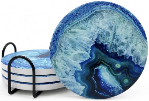 Luxury Stone Pattern Ceramic Coasters Set with Metal Holder (4, Blue) - color: Blue Agate, size: 4 Pack