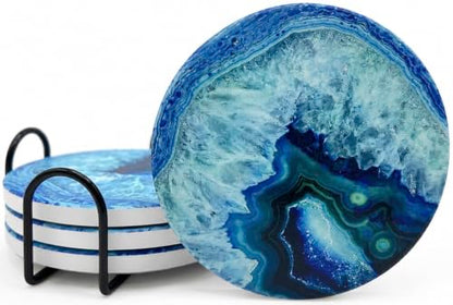 Luxury Stone Pattern Ceramic Coasters Set with Metal Holder (4, Blue) - color: Blue Agate, size: 4 Pack