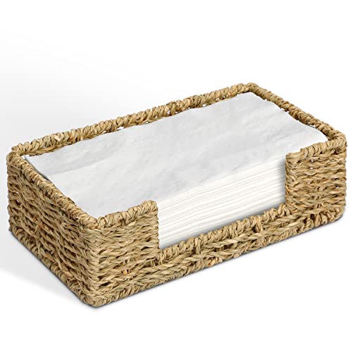 Graciadeco Bathroom Disposable Guest Towel Napkin Holder Long Seagrass Woven Rattan Wicker Table Dinner Paper Hand Guest Towel Napkin Basket Tray Caddy for Kitchen | 1 Pack, Home Decor, Rectangle, Seagrass, Handwoven, Tissue Holder For Bathroom - size: L9