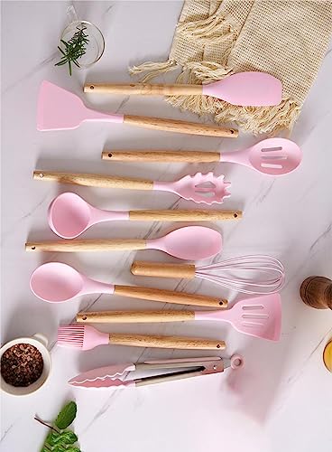 19 Pieces Kitchen Cooking Utensils and Knife Set with Holder Block, Include 11 Pcs Silicone Cooking Utensils 5 Pcs Sharp Stainless Steel Knives Scissors Whisk Tongs and Cutting Board (PINK) - color: Pink