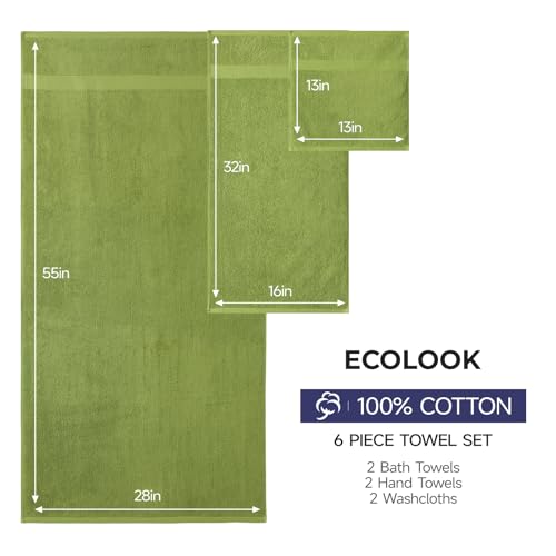 ecolook Ultra Soft 6-Piece Towel Set, 100% Cotton | Lighter Weight, Quick Dry, Highly Absorbent, 2 Bath, 2 Hand, 2 Washcloths, Perfect for Bathroom, Green - color: Green
