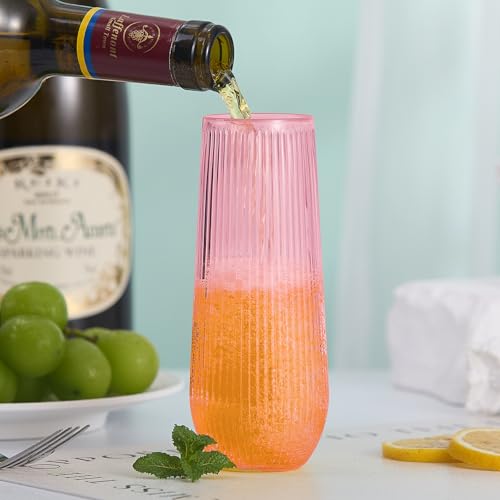 Lueumxc 48 Pack Plastic Ribbed Champagne Flutes, 9 Oz Stemless Disposable Pink Clear Plastic Toasting Glasses Shatterproof Recyclable and BPA-Free Perfect For Wedding