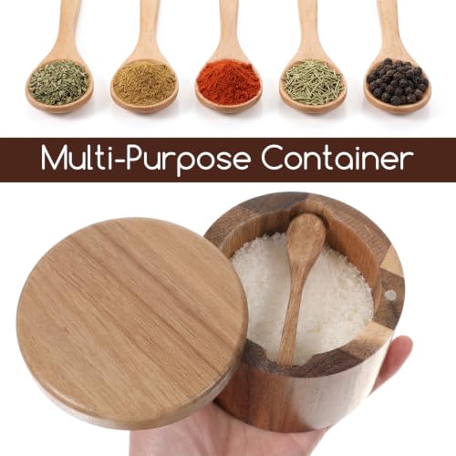 Grevosea Salt Cellar, Acacia Wood Salt Container with Swivel Magnetic Lid | Elegant Kitchen Salt Container Holder for Pepper Spice Bath Salt Sea SaltStorage, 360° Rotating Countertop Box 6oz
