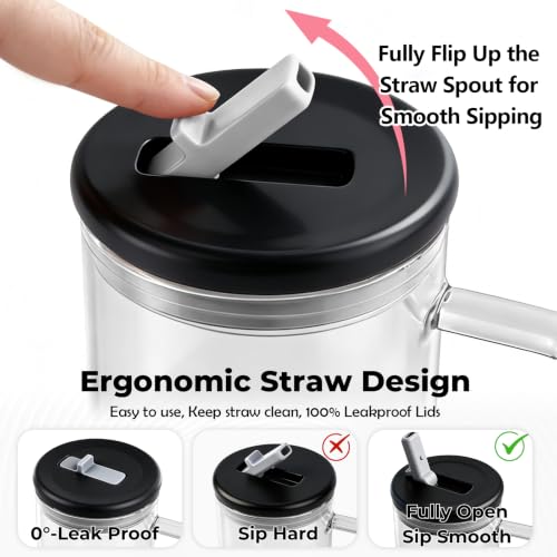 40oz Glass Tumbler with Flip Straw Lid, Handle, Silicone Sleeve, Black | Leakproof Lid, Fits Car Cup Holder Glass for Iced Coffee, Water, Cold Drinks, Travel, Outdoor, Partys&Home - color: Black