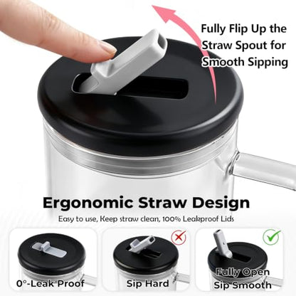 40oz Glass Tumbler with Flip Straw Lid, Handle, Silicone Sleeve, Black | Leakproof Lid, Fits Car Cup Holder Glass for Iced Coffee, Water, Cold Drinks, Travel, Outdoor, Partys&Home - color: Black
