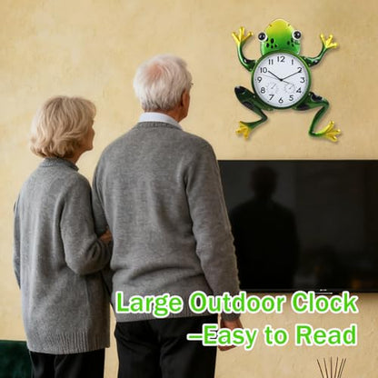Large Outdoor Clock with Thermometer & Humidity | Silent Non-Ticking, Frog Outdoor Wall Clock, Outside Clock for Patio, Living Room, Kitchen - style: Large-Green Frog