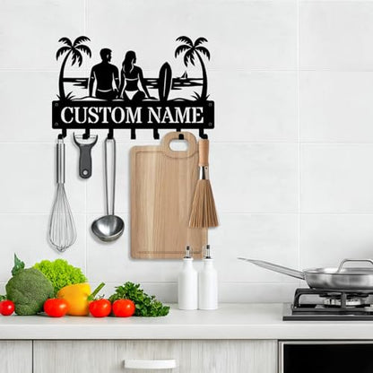 NIWAHO Personalized Key Holder Wall Mount Palm Tree Couple Silhouette Metal Key Hooks – Custom Name Wall Rack for Entryway, Kitchen, Bedroom, Anniversary or Housewarming Gifts - color: Couple Windsurfing