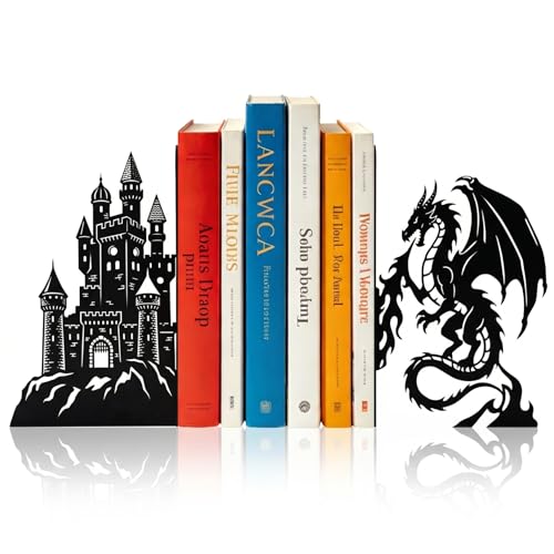 Sanwarm Bookends, 2 Pcs, Metal, for Home Office Desk Shelves Dragon Castle | Decorative Book Ends Non-Skid Book Stoppers Holder 1 Pair Gifts for Reading Enthusiasts Library Decor - color: Dragon 4