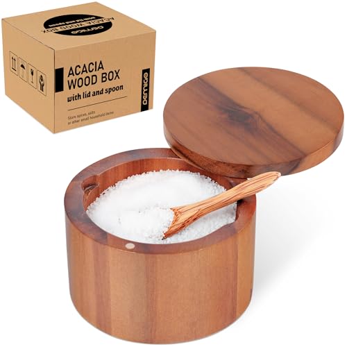Demigo Acacia Wood Salt Cellar with Spoon, 9 oz Salt Box with Swivel Lid | Salt Jar, Wooden Salt Keeper & Seasoning Storage for Kitchen Counter, Holds Table Salt, Sea Salt, Herbs, Pepper & Sugar - color: Acacia - Salt Box with Spoon