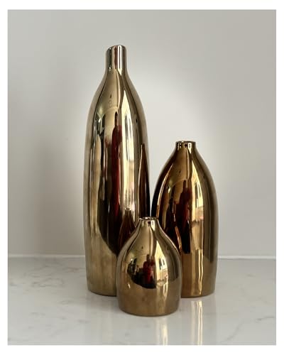 Gold Vase Set - Ceramic Vases Home Decor, Modern Decorative Vase for Flower, Table Centerpieces for Dining Room Living Room Entrance Console Fireplace Bookshelf Kitchen Bathroom Shelf (Gold) - color: Gold