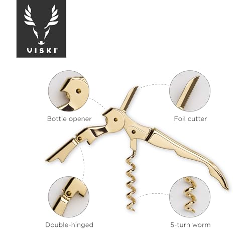 Viski 24k Gold Plated Signature Double Hinged Waiter's Corkscrew Wine Opener, Stainless Steel with Built-in Bottle Opener & Foil Cutter for Home Bar, Kitchen, Travel, Gifts for Wine Lovers, Set of 1 - style: Standard