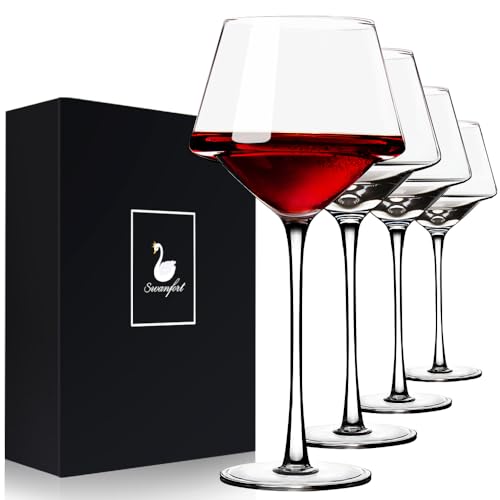 Red Wine Glasses Set of 4, 15oz Elegant Long Stem Wine Glasses in Gift Box, Premium Glassware for Wedding, Anniversary, Birthday Gifts - style: Aurora Edge