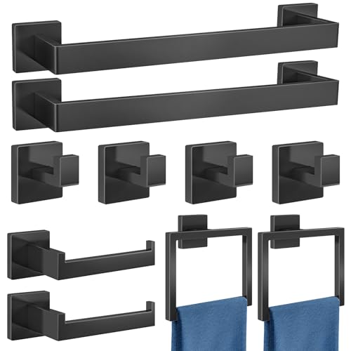 Gypie Bathroom Accessories Set Wall Mounted, 10-Piece 16In Matte Black | Stainless Steel Modern Wall Mount Towel Racks for Bathroom Towel Bar Set - color: Black 10 Piece, size: 16 Inch