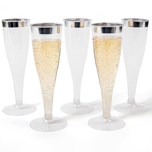 Prestee Set of 24 Silver Glitter Plastic Champagne Flutes - 4.5 oz Capacity - Shatterproof Durable Disposable Glasses - Elegant Design - Ideal for Weddings, Cocktail Parties, and Outdoor Celebrations - color: Silver Rim/Glitter, size: 24 Count (Pack of 1)