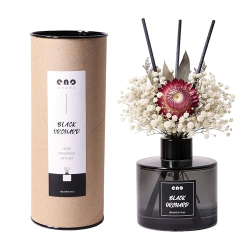 Reed Diffuser Set with Dried Flowers, 5.1 fl oz / 150ml, Black Orchard - Home Fragrance Diffuser with Sticks for Bathroom Shelf Decor, Bedroom, Office & Gift