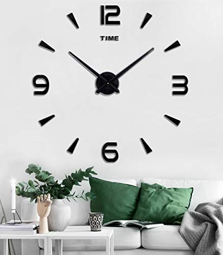 Large DIY Wall Clock Kit, 3D Frameless Wall Clock with Mirror Number Stickers for Home Living Room Bedroom Office Decoration-Black 022 - color: Black