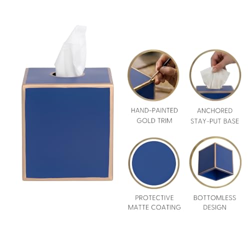 Jaye's Studio Square Tissue Box Cover, Blue Metal Gold Cube for Bathroom | Matte Hand-Painted Finish, Fits Standard Facial Holders, Polished Trim, Open Bottom, Coastal Nursery Use - color: Blue