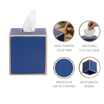 Jaye's Studio Square Tissue Box Cover, Blue Metal Gold Cube for Bathroom | Matte Hand-Painted Finish, Fits Standard Facial Holders, Polished Trim, Open Bottom, Coastal Nursery Use - color: Blue