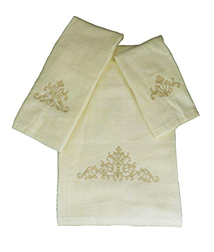 Marina Decoration Premium Luxury Decor Ultra Soft 100% Cotton Embroidered Bathroom Modern 3 Piece Towel Set, Gold Blazon with Cream Base Pattern - color: Gold Blazon With Cream Base