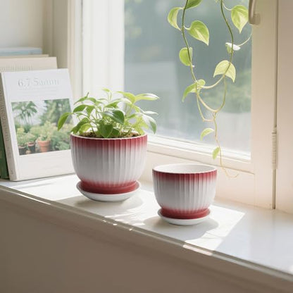 6.7 + 5.5 Inch Ceramic Plant Pots,Set of 2,Planters with Drainage Hole and Saucer,Flower pots for Indoor Plants,Elegant Design(Pink + White, - color: Pink + White