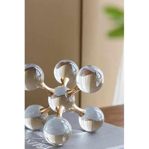 Gold Iron and Crystal Glass Sphere Sculpture - Modern Geometric Decorative Accent for Home, Office, or Living Room (Luxury Tabletop Art Piece) - 7" x 7" x 7"