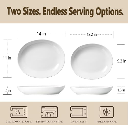 Oval Serving Platters Set of 2 (14" & 12"), Large Wide Ceramic Serving Dishes for Entertaining, Turkey, Fish, Salad, Oven Safe White Porcelain Serving Plates