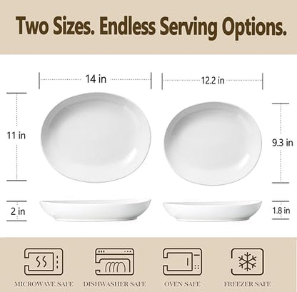 Oval Serving Platters Set of 2 (14" & 12"), Large Wide Ceramic Serving Dishes for Entertaining, Turkey, Fish, Salad, Oven Safe White Porcelain Serving Plates