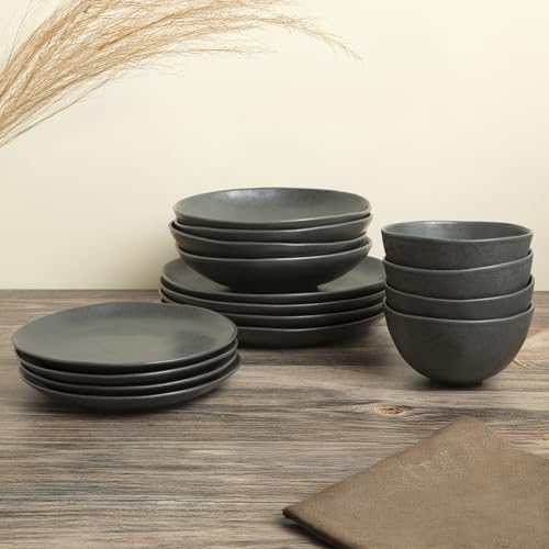 Stoneware Dinnerware Set, 16 Piece, 4 Place Settings, Made in Portugal, Charcoal - color: Charcoal Gray
