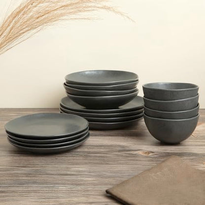 Stoneware Dinnerware Set, 16 Piece, 4 Place Settings, Made in Portugal, Charcoal - color: Charcoal Gray