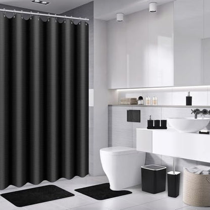 XLHOMO Bathroom Set with Shower Curtain and Rugs- 25PC Bathroom Accessory Set, Black Bathroom Set, Toilet Brush, Trash Can, Qtip Holder & Soap Dispenser - size: Bath Set+Shower Curtain+Rugs, style: Black&Silver