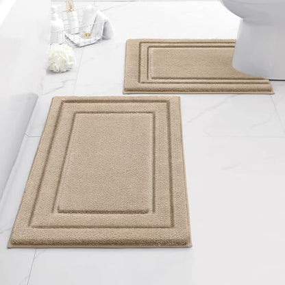 HOMEIDEAS Bathroom Rugs Sets 2 Piece, Super Soft and Absorbent Non Slip Microfiber U-Shaped Toilet Bath Mat Set (20"x32"+U20 x24, Khaki) - color: Khaki, size: 1'8" x 2'8" (20"x32"+U Shape 20"x24")