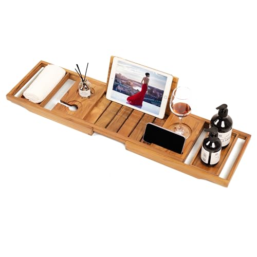 Expandable Teak Bathtub Tray - Luxury Wooden Bath Caddy & Tub Shelf, Over-The-Tub Bath Table with Book & Wine Glass Holder, Waterproof Bathroom Organizer for Spa Experience
