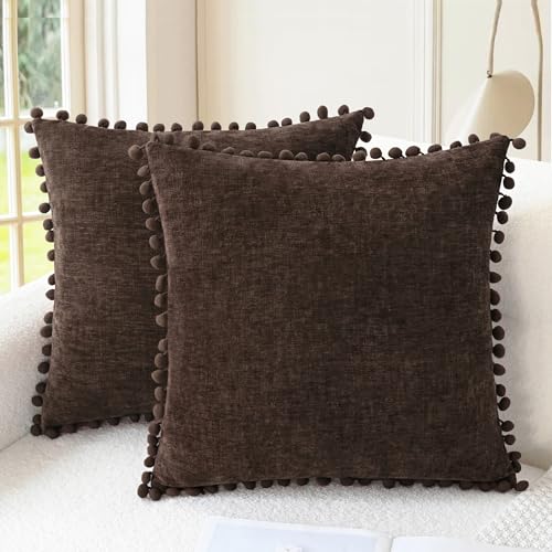 CaliTime Decorative Couch Throw Pillow Covers 16 X 16 Inches Coffee | Pack of 2, Cozy Chenille Cushion Cases, with Pom Poms for Sofa Bed Living Room Farmhouse Home - color: Coffee, size: 16" x 16" (Pack of 2)