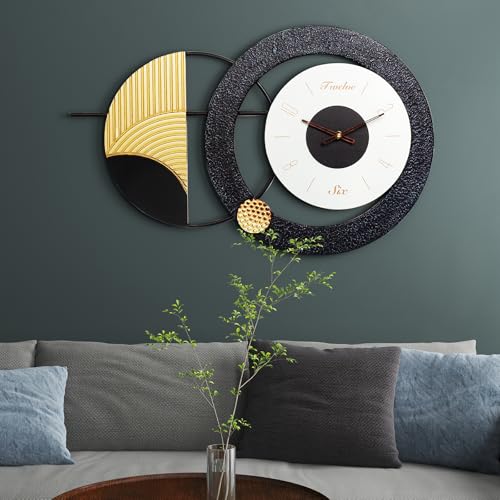 Modern Wall Clock Battery Operated Big Wall Clocks Large Mid Century Clock for Living Room,Silent Metal Wall Watch Circle Geometric Timepiece for Home,Living Room,Bedroom-26X16inch - color: K-black Gold-26x16inch