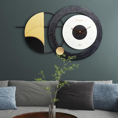 Modern Wall Clock Battery Operated Big Wall Clocks Large Mid Century Clock for Living Room,Silent Metal Wall Watch Circle Geometric Timepiece for Home,Living Room,Bedroom-26X16inch - color: K-black Gold-26x16inch