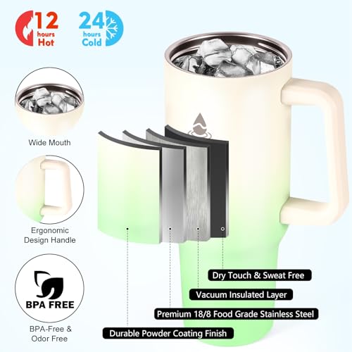 40 oz Tumbler with Handle and Straw or Convert to 40 oz Insulated Water Bottle Fits in Cup Holder. Stainless Steel Metal Water Flask with 2 Lids for Travel,Camping,Gym Sports Coffee Mug Thermal Cup - color: Cream Green