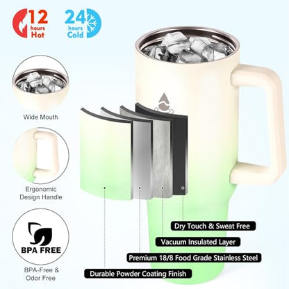 40 oz Tumbler with Handle and Straw or Convert to 40 oz Insulated Water Bottle Fits in Cup Holder. Stainless Steel Metal Water Flask with 2 Lids for Travel,Camping,Gym Sports Coffee Mug Thermal Cup - color: Cream Green