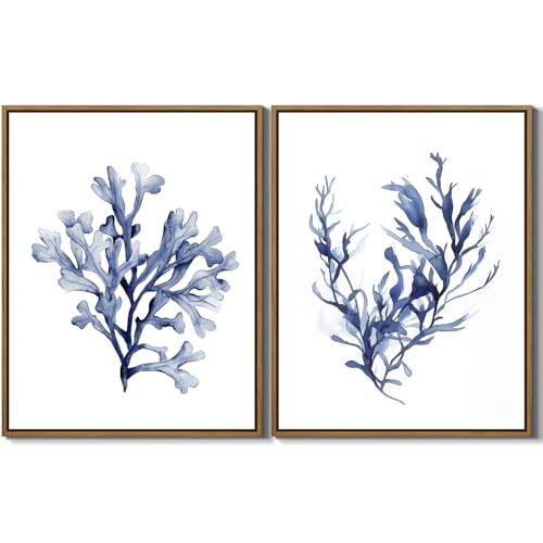Watercolor Sea Coral Wall Art Set of 2 Navy Blue Corals Wall Decor, 11"x14" | Coastal Ocean Coral Canvas Print Painting Modern Framed Artwork for Living Room Bedroom Bathroom Home Office Décor - color: Ocean Coral