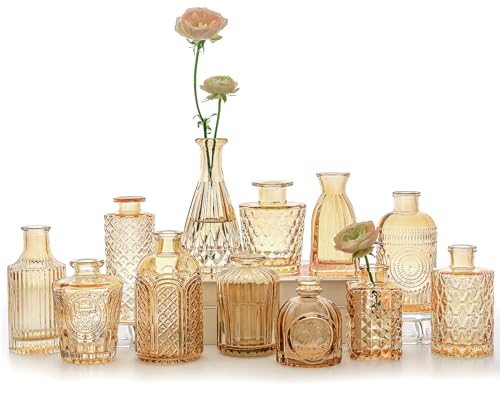 SUPMIND Glass Bud Vases Set of 12, Small Gold Amber Flower Vases in Bulk | Mini Vintage Vase for Table Centerpieces, Wedding, Home Decor, Table Decoration, Baby Shower, Party Decor - color: Gold Amber, size: 12Pcs