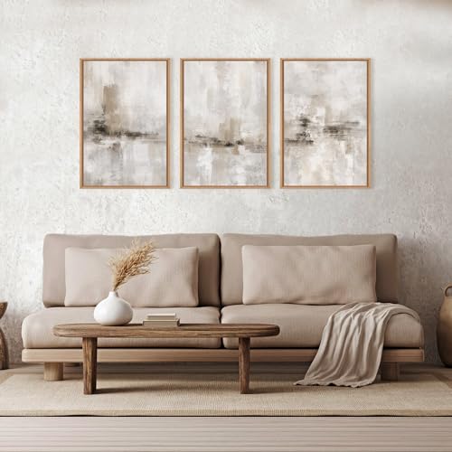 Ausril Large Minimalist Textured Framed Canvas Wall Art Set -16"×24"×3 | Neutral Abstract Wall Decor Modern Beige Gray Wall Painting Brown and White Art Print for Living Room Bedroom Office - color: Minimalist Textured Wall Art, size: 16"L x 24"W
