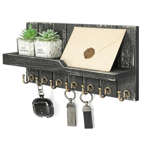Rebee Vision Rustic Key Holder Wall Mount for Home Decor, Old Black | Farmhouse Key Holder for Wall, Floating Shelf, Plant Display, 7 Key Hooks, Mail Organizer, Apartment Storage, Home Accent - color: Old Black, size: 15 inches